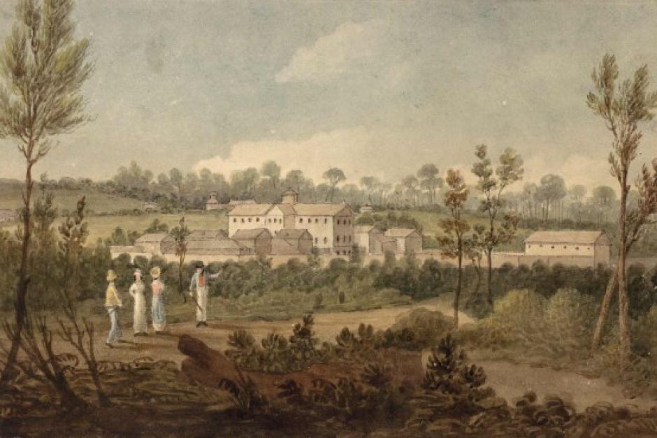 Painting of landscape with trees and shrubs with the Parramatta Female Factory in the distance