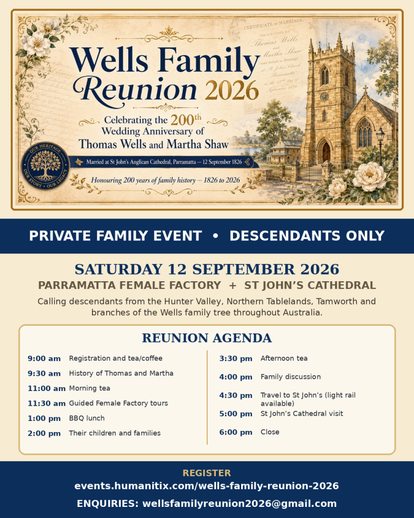 The Wells Family Reunion 2026 is a private family event hosted by the Parramatta Female Factory Friends